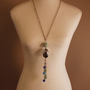 STUNNING STATEMENT NECKLACE 21" Silver chain, Turquoise , Green and Blue Beads